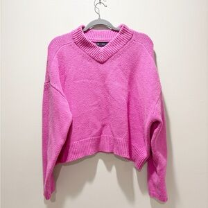 GAP Bright Pink High V-Neck Pullover Sweater Cropped Cotton Blend Size Medium
